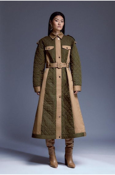 Petite Nylon & Woven Mix Belted Full Skirt Trench Coat