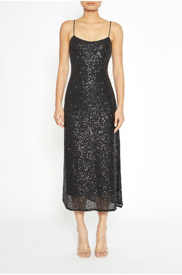 Iris Black Sequin Midi Slip Dress