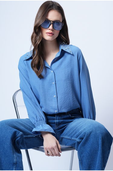Women's Indigo Pearl and Stone Embroidered Aerobin Shirt