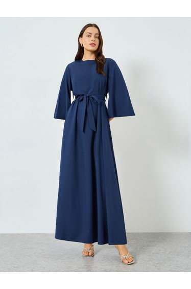 Dark Blue Bell Sleeve Waist-Tie Maxi Dress