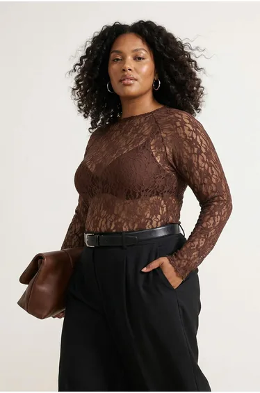 Brown Black Lace Knitted Plus Size Blouse