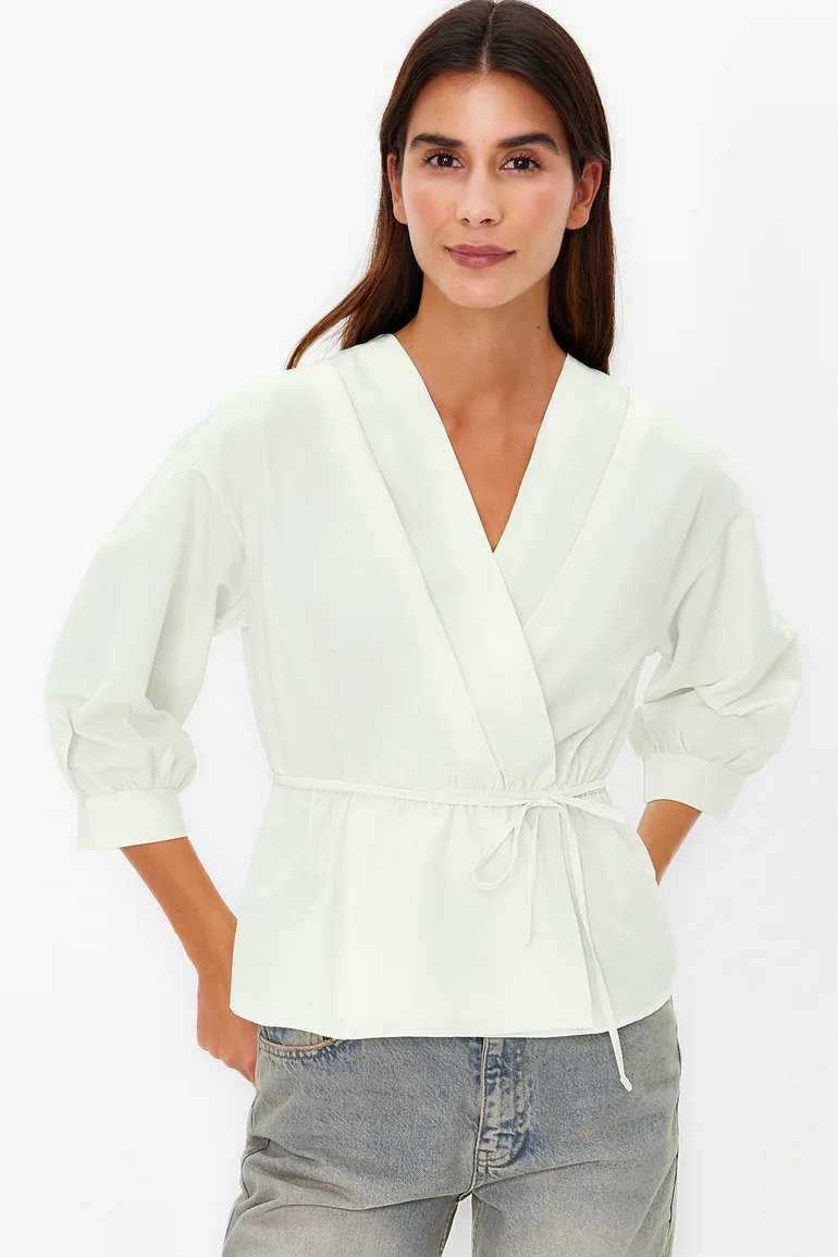 Stone Double Breasted Woven Tie Detailed Blouse - 1
