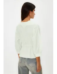 Stone Double Breasted Woven Tie Detailed Blouse - 5