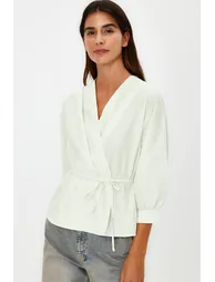 Stone Double Breasted Woven Tie Detailed Blouse