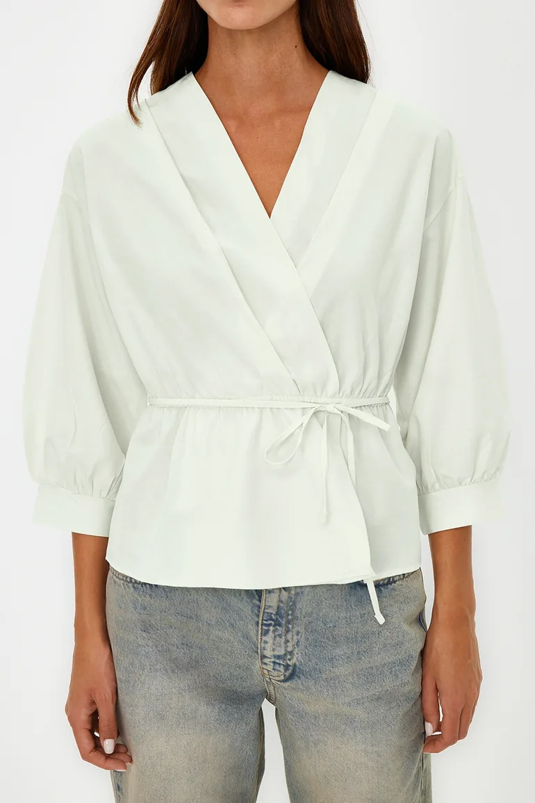 Stone Double Breasted Woven Tie Detailed Blouse - 4