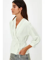 Stone Double Breasted Woven Tie Detailed Blouse - 2