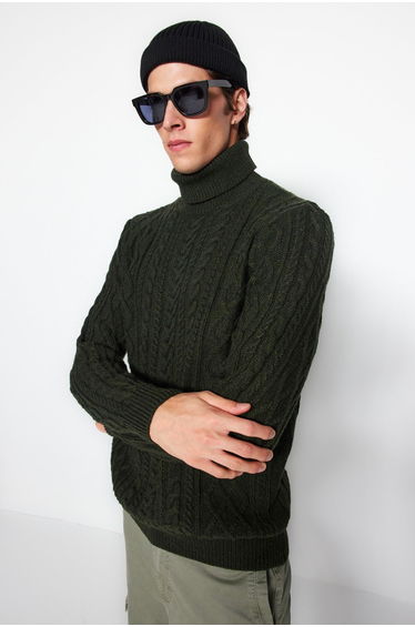 Khaki Slim Fit Turtleneck Hair Knitted Knitwear Sweater