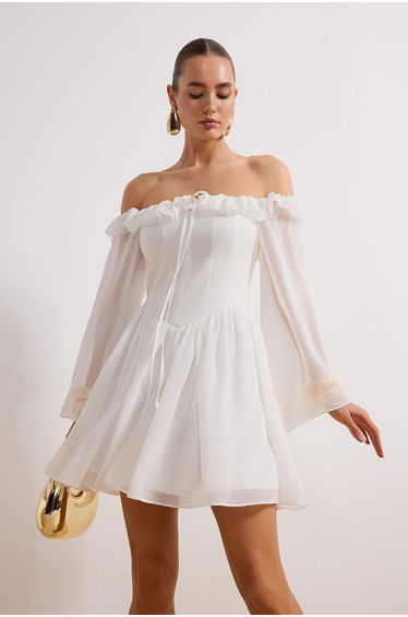 Off-Shoulder Column Mini Bridal Dress with Long Sleeves