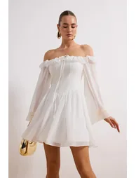 Off-Shoulder Column Mini Bridal Dress with Long Sleeves