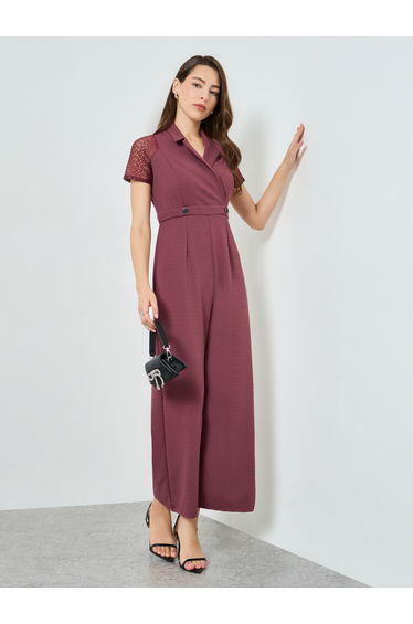 Pink Lace Sleeve Wide Leg Jumpsuit