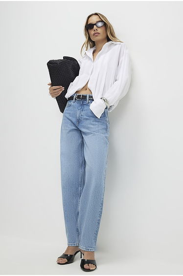 Blue Mid Rise Barrel Leg Jeans