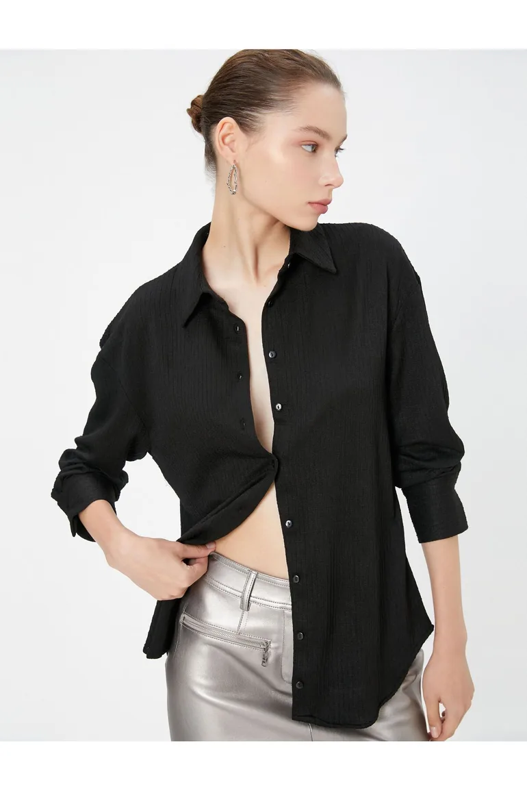 Basic Blouse Long Sleeved Shirt Collar Button Fastening Textured - 1