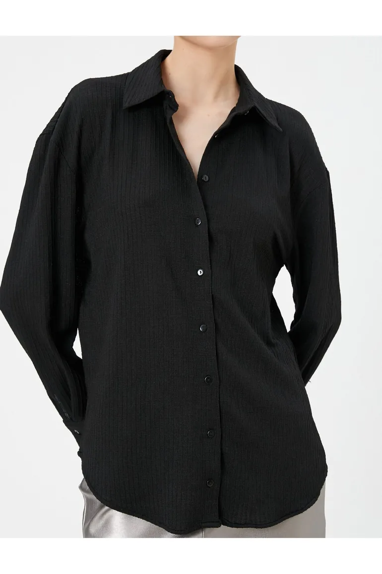Basic Blouse Long Sleeved Shirt Collar Button Fastening Textured - 4
