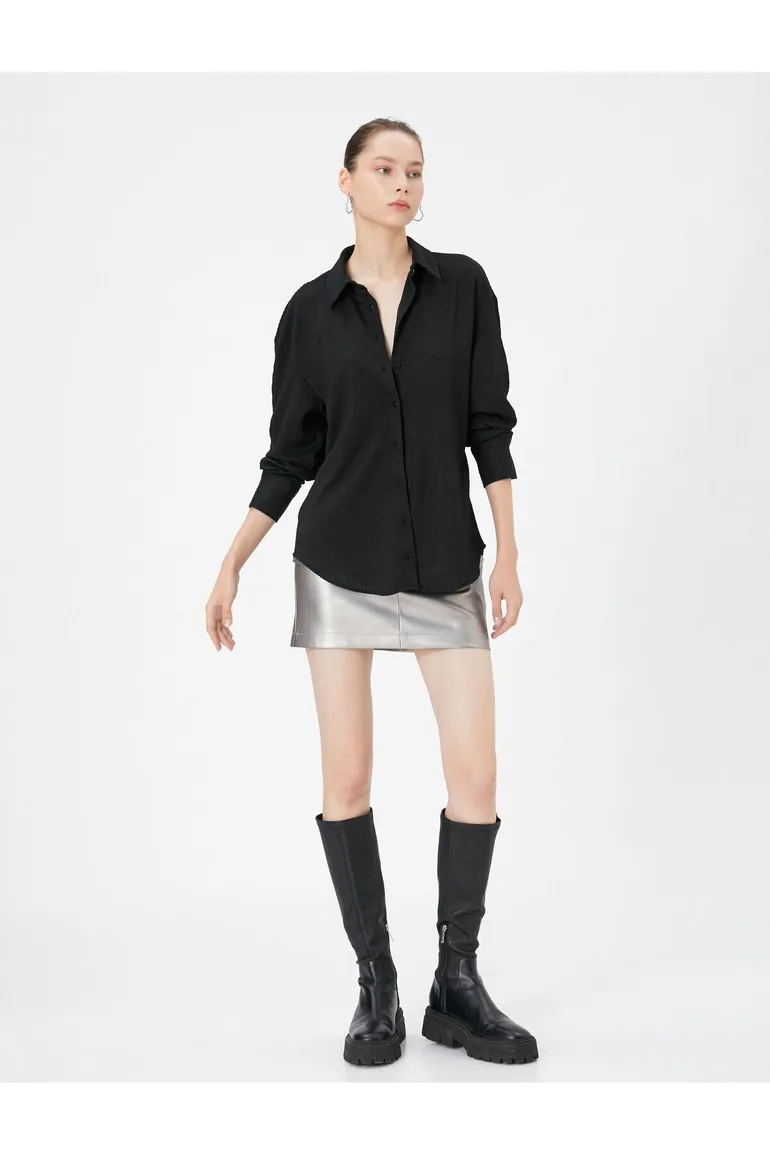 Basic Blouse Long Sleeved Shirt Collar Button Fastening Textured
