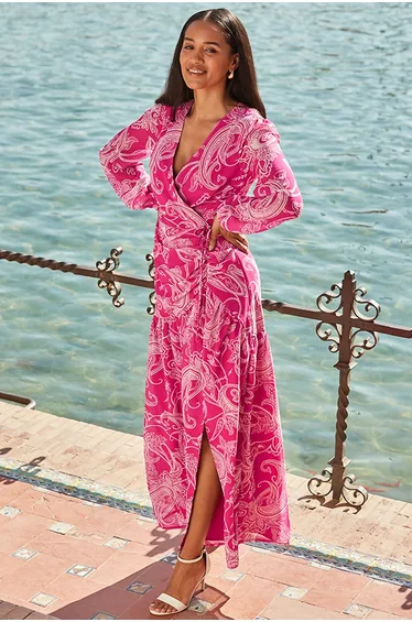 Pink Paisley Print Wrap Maxi Dress