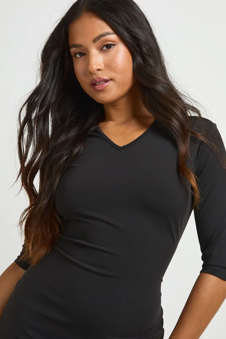 Petite Basic 3/4 Sleeve V Neck Mini Dress - black - 3