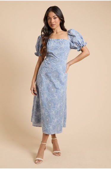 Petite Embroidered Puff Sleeve Midi Dress