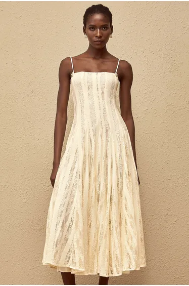 Coralie White Pleated Lace Midi Dress