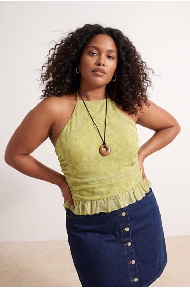 Green-Multicolor Lined Ruffle Detailed Tulle Knitted Plus Size Blouse