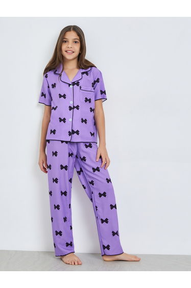 Teen Girls Bow Print Shirt and Pyjama Set