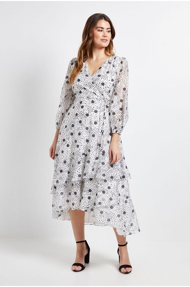 Polka Dot Ruffle Wrap Midi Dress
