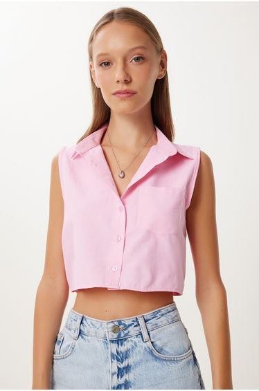 Women's Candy Pink Pocket Crop Woven Shirt