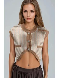 MY FASHION Striped Ribbed Knit Crop Top with Button Closure - 5