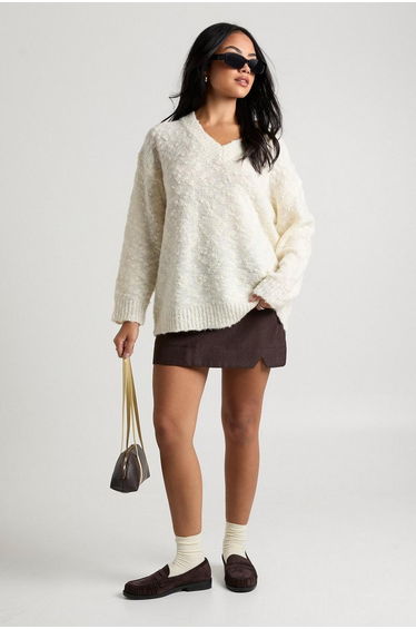 Textured Knit V Neck Oversized Jumper
