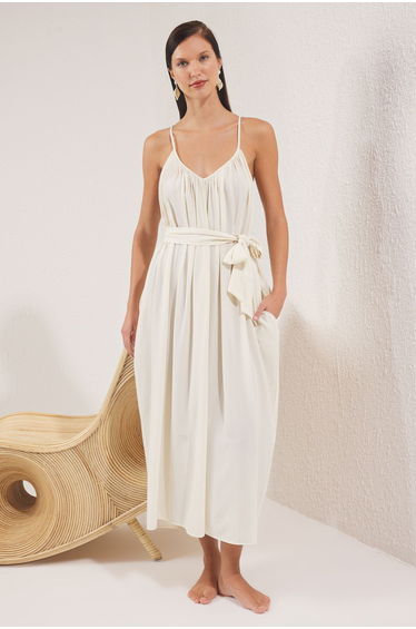 Beige Maxi Woven Belted Beach Dress