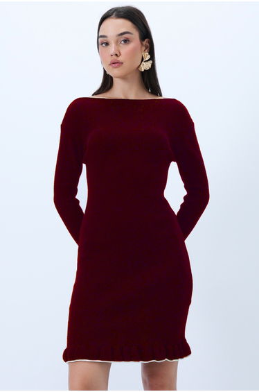 Women's Burgundy Boat Neck Sleeve and Ruffle Skirt Knit Dress