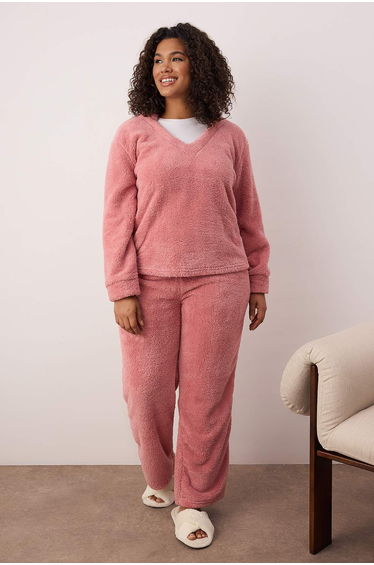 Pink Wellsoft/Plush Hooded Ear Detailed Knitted Pajama Set
