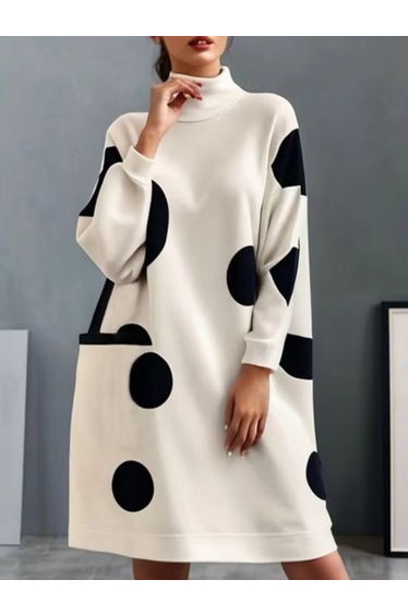Long Sleeves Loose Pockets Polka-Dot High Neck Midi Dresses