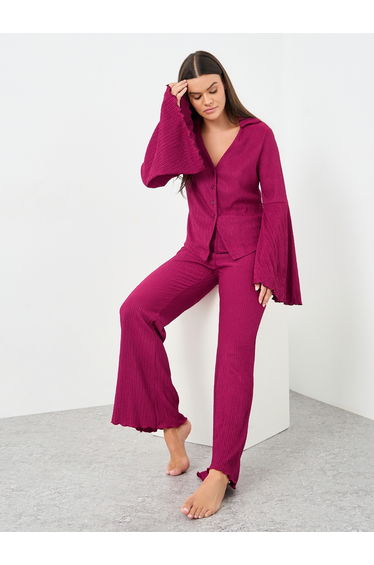 Textured Flared Sleeve Shirt and Pyjama Set