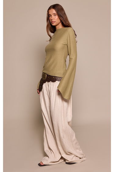 Olive Textured Extreme Flute Sleeve Long Top