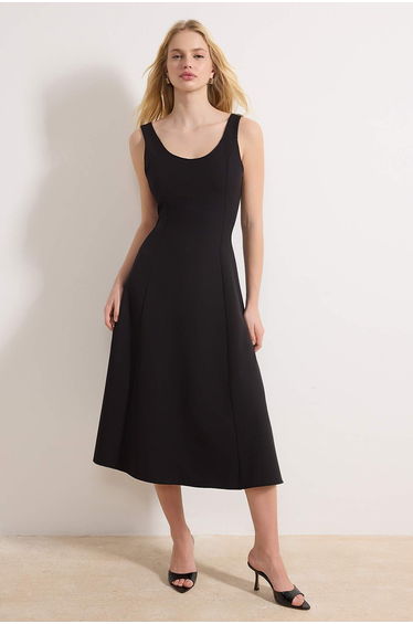 Black Straight Skirt Waist Opening Midi Woven Dress