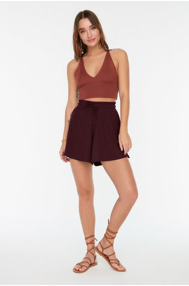 Claret Red Relaxed Cut Regular Waist Crepe/Textured Knit Shorts
