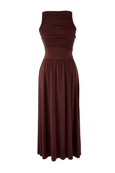 Brown A-Line/Column Boat Neck Shirred Long Premium Soft Knitted Dress