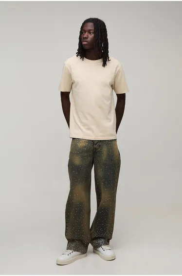 Clustered Rhinestone Tinted Relaxed Fit Jeans - antique blue