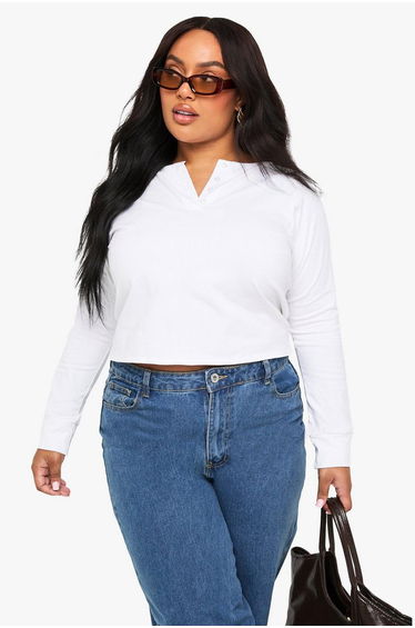 Plus Cotton Henley Button Down Boxy Top - white