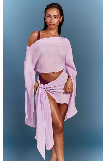 Lilac Linen Look Drape Shoulder Top