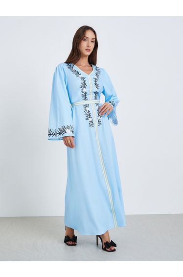 Woman Blue Floral Print Belted Maxi Dress