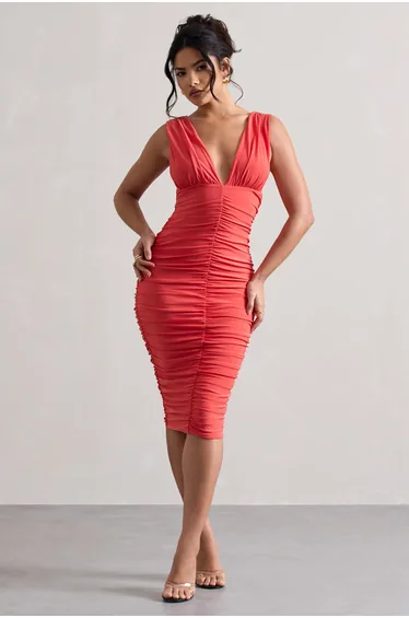 Attract | Coral Ruched Plunge-Neck Dress