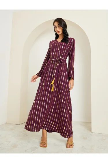 Women Foil Print Jalabiya with Tassel Trim Belt