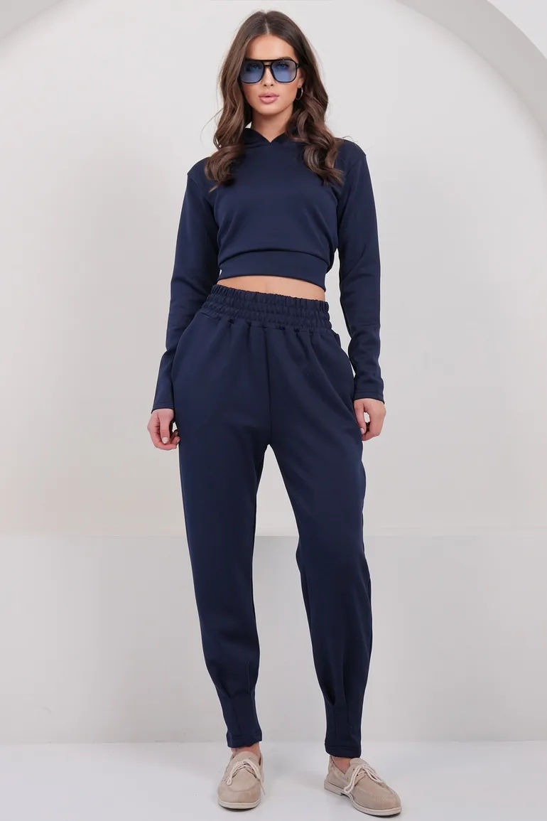 Women's Navy Blue Hooded Crop Sweatshirt and Stitching Detailed Trousers Set - 2