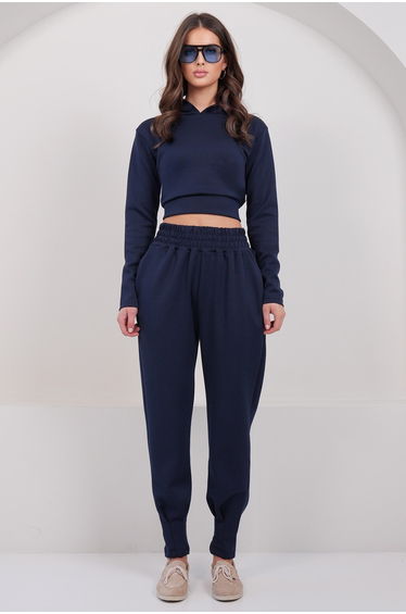 Women's Navy Blue Hooded Crop Sweatshirt and Stitching Detailed Trousers Set