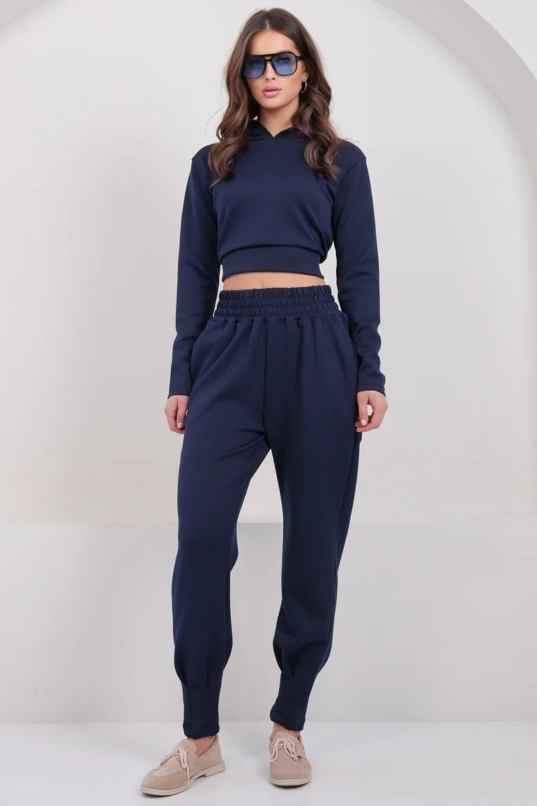Women's Navy Blue Hooded Crop Sweatshirt and Stitching Detailed Trousers Set - 1
