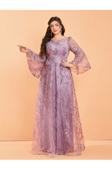 Leely Plus Women's Elegant Round Neck Flare Sleeve Party Dresses