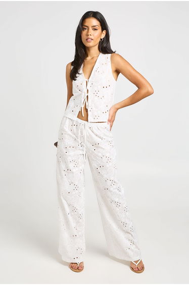 Broderie Drawstring Wide Leg Trouser - white product thumbnail 2