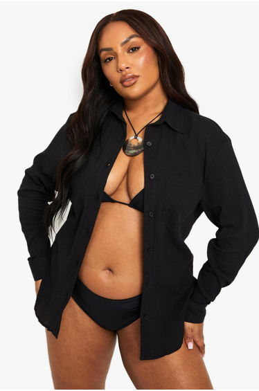 Plus Crinkle Cotton Beach Shirt - black