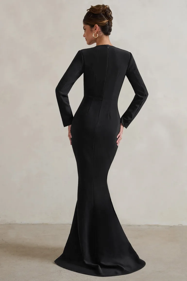 Reba | Black Plunge Long Sleeve Structured Maxi Dress with Front Split - 1